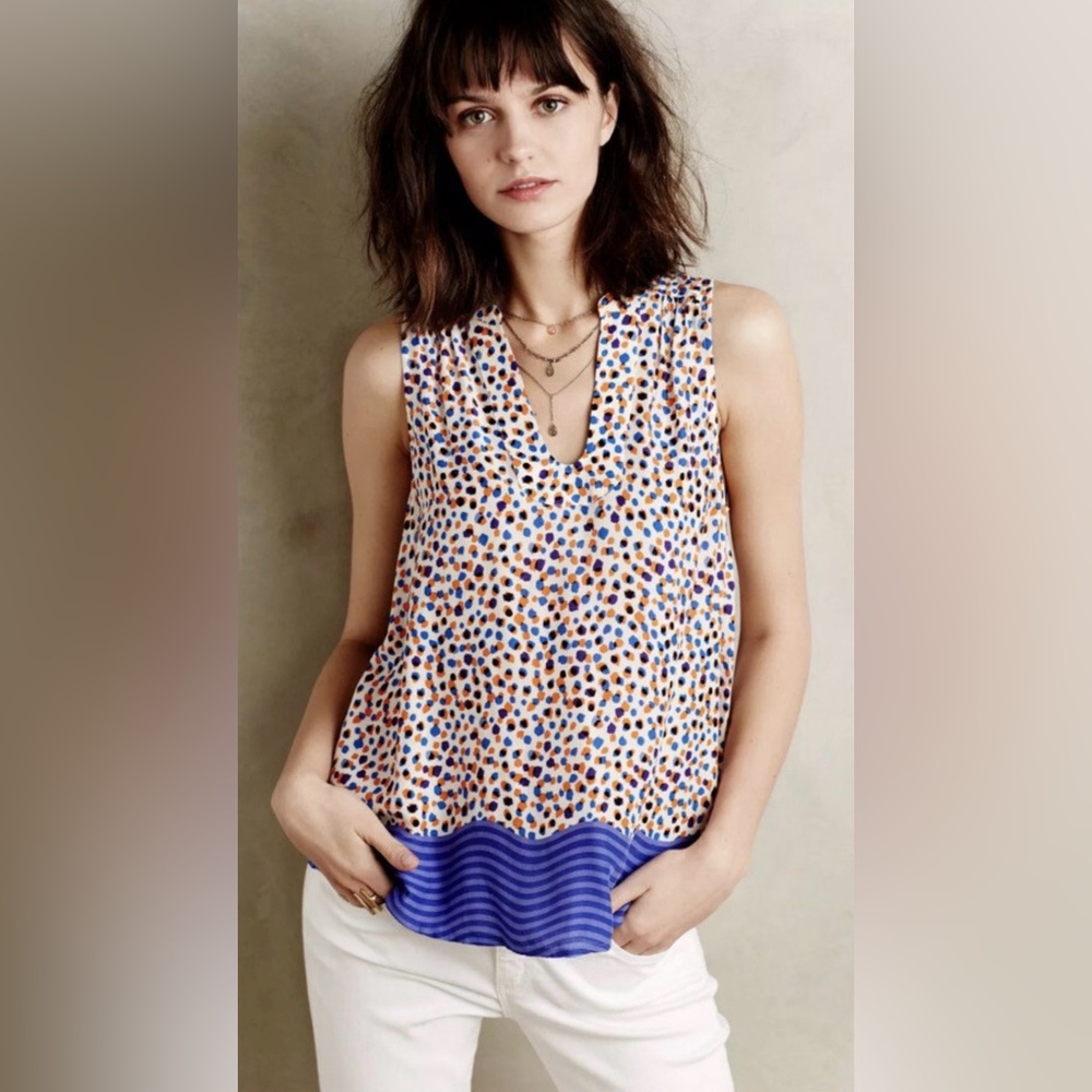 Anthropologie Cream Camisole with Blue & Tan Spot Print and Bright Blue Hem